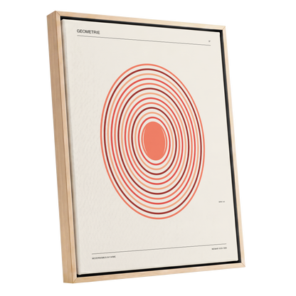 Coral Orbit Geometry, beige, red, orange abstract wall art shown as a oak framed canvas wall art