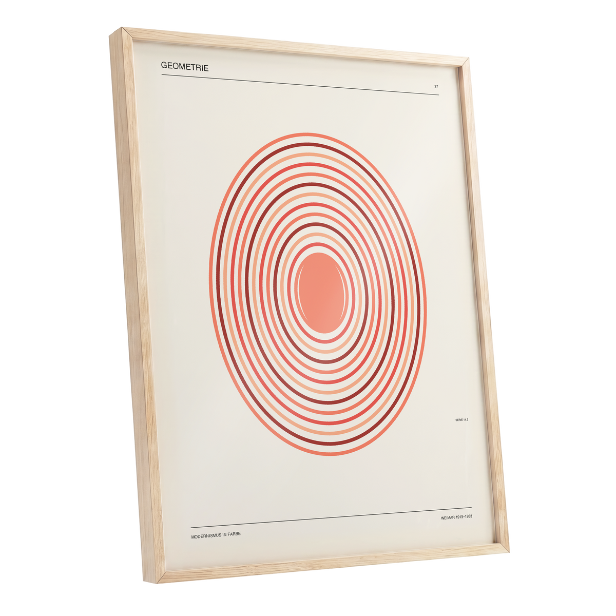 Coral Orbit Geometry, beige, red, orange abstract wall art shown as a oak framed poster wall art print