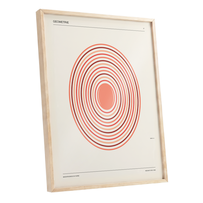 Coral Orbit Geometry, beige, red, orange abstract wall art shown as a oak framed poster wall art print