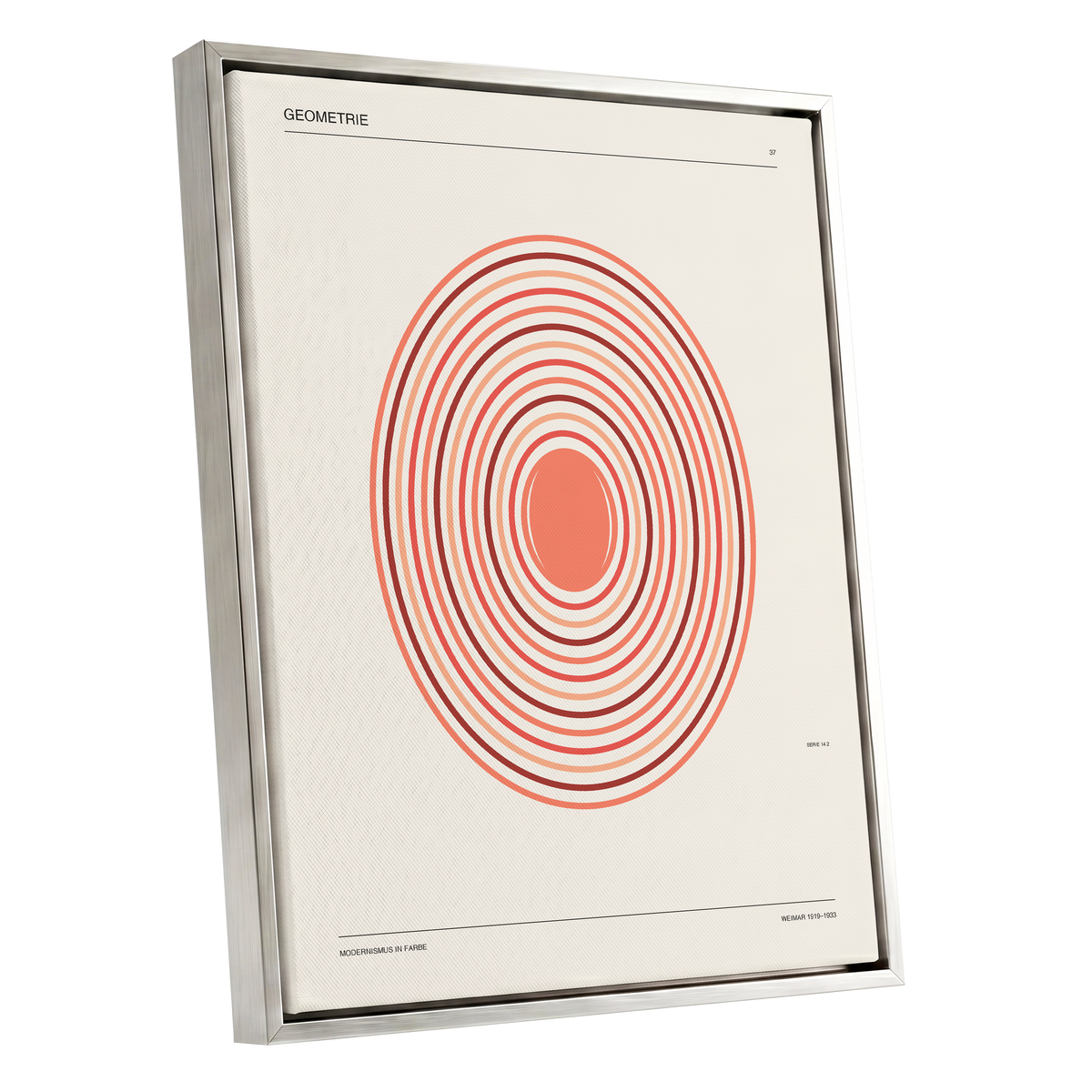 Coral Orbit Geometry, beige, red, orange abstract wall art shown as a silver framed canvas wall art