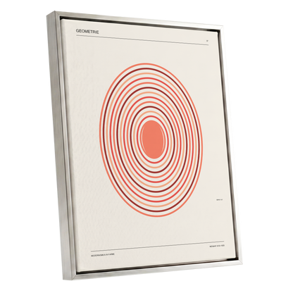 Coral Orbit Geometry, beige, red, orange abstract wall art shown as a silver framed canvas wall art