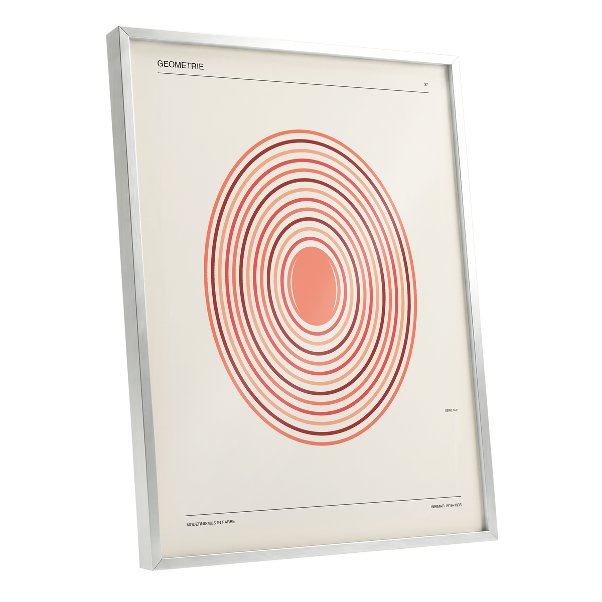 Coral Orbit Geometry, beige, red, orange abstract wall art shown as a silver framed poster wall art print