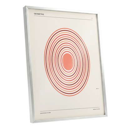 Coral Orbit Geometry, beige, red, orange abstract wall art shown as a silver framed poster wall art print