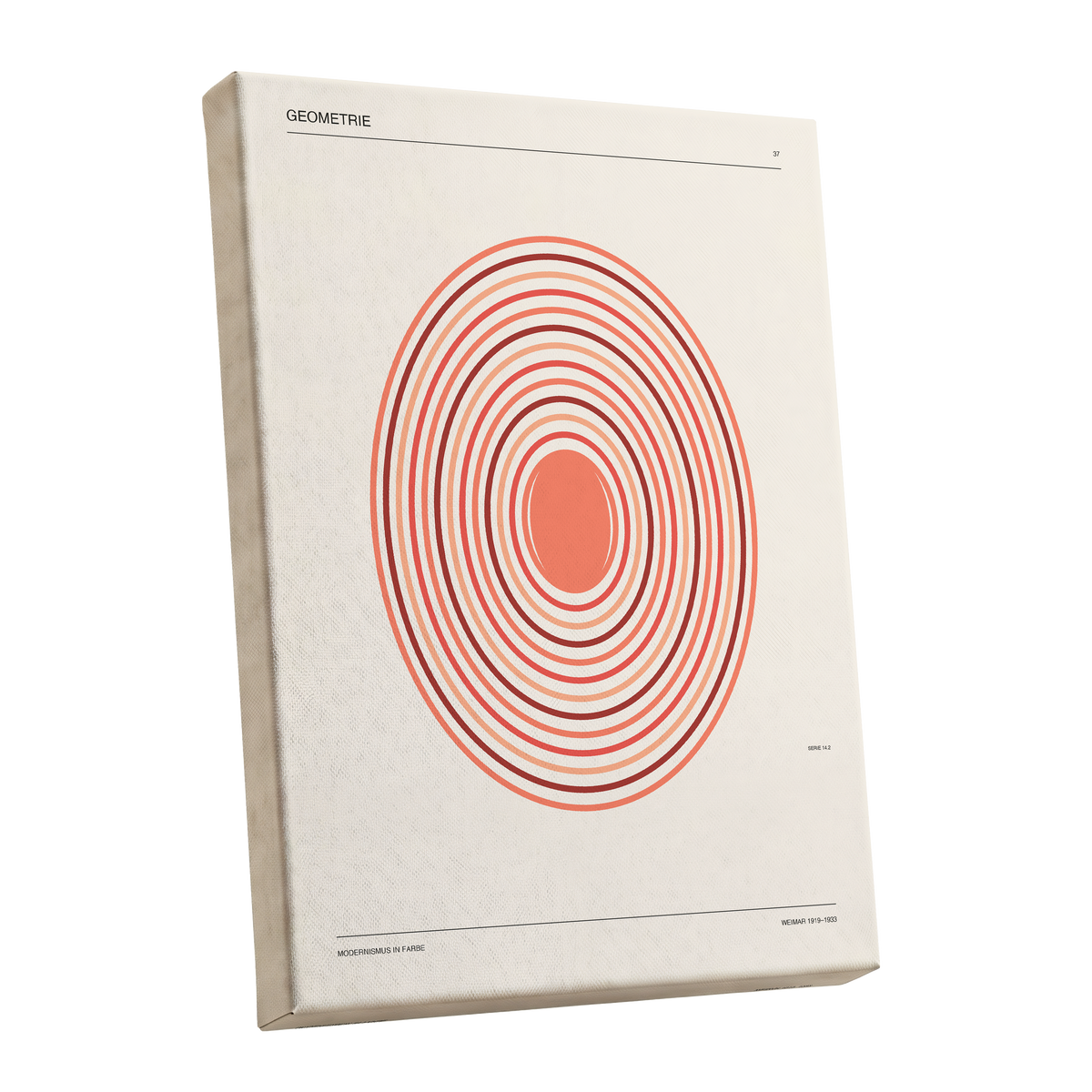 Coral Orbit Geometry, beige, red, orange abstract wall art shown as a stretched canvas wall art