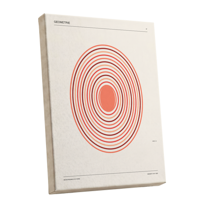 Coral Orbit Geometry, beige, red, orange abstract wall art shown as a stretched canvas wall art