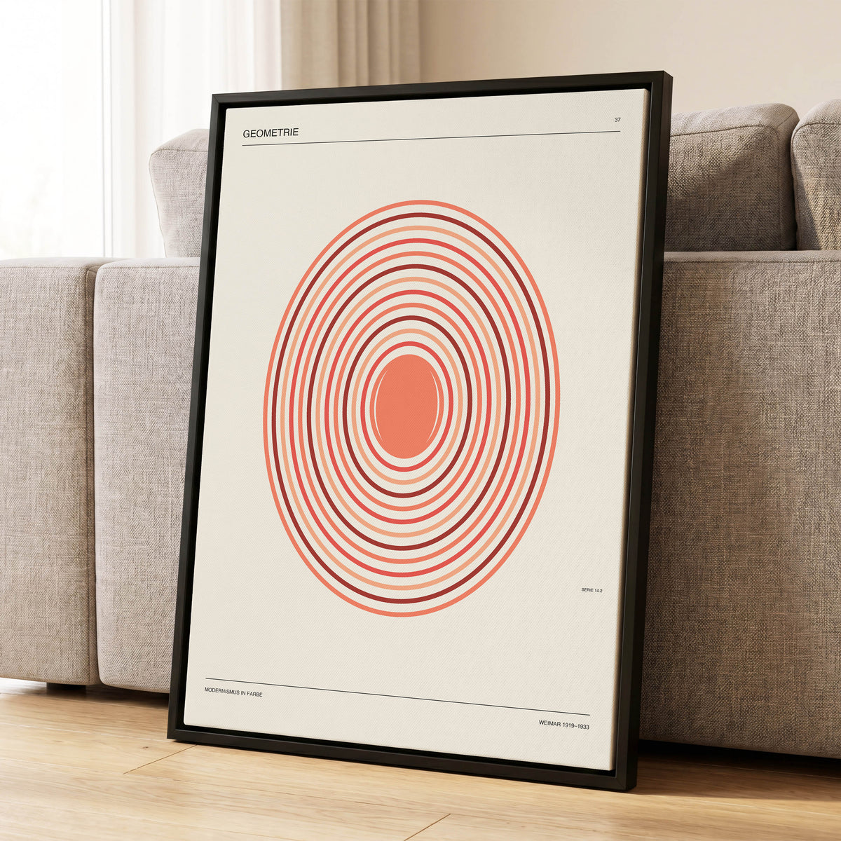 Coral Orbit Geometry, beige, red, orange abstract wall art displayed in a styled interior, gallery view 1