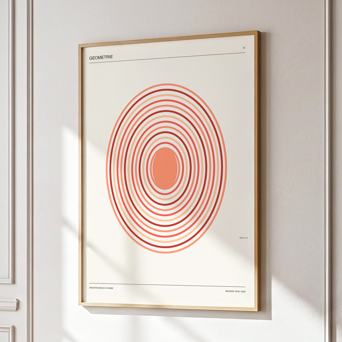 Coral Orbit Geometry, beige, red, orange abstract wall art displayed in a styled interior, gallery view 2