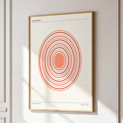 Coral Orbit Geometry, beige, red, orange abstract wall art displayed in a styled interior, gallery view 2