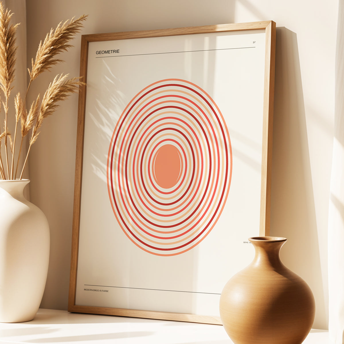 Coral Orbit Geometry, beige, red, orange abstract wall art displayed in a styled interior, gallery view 3