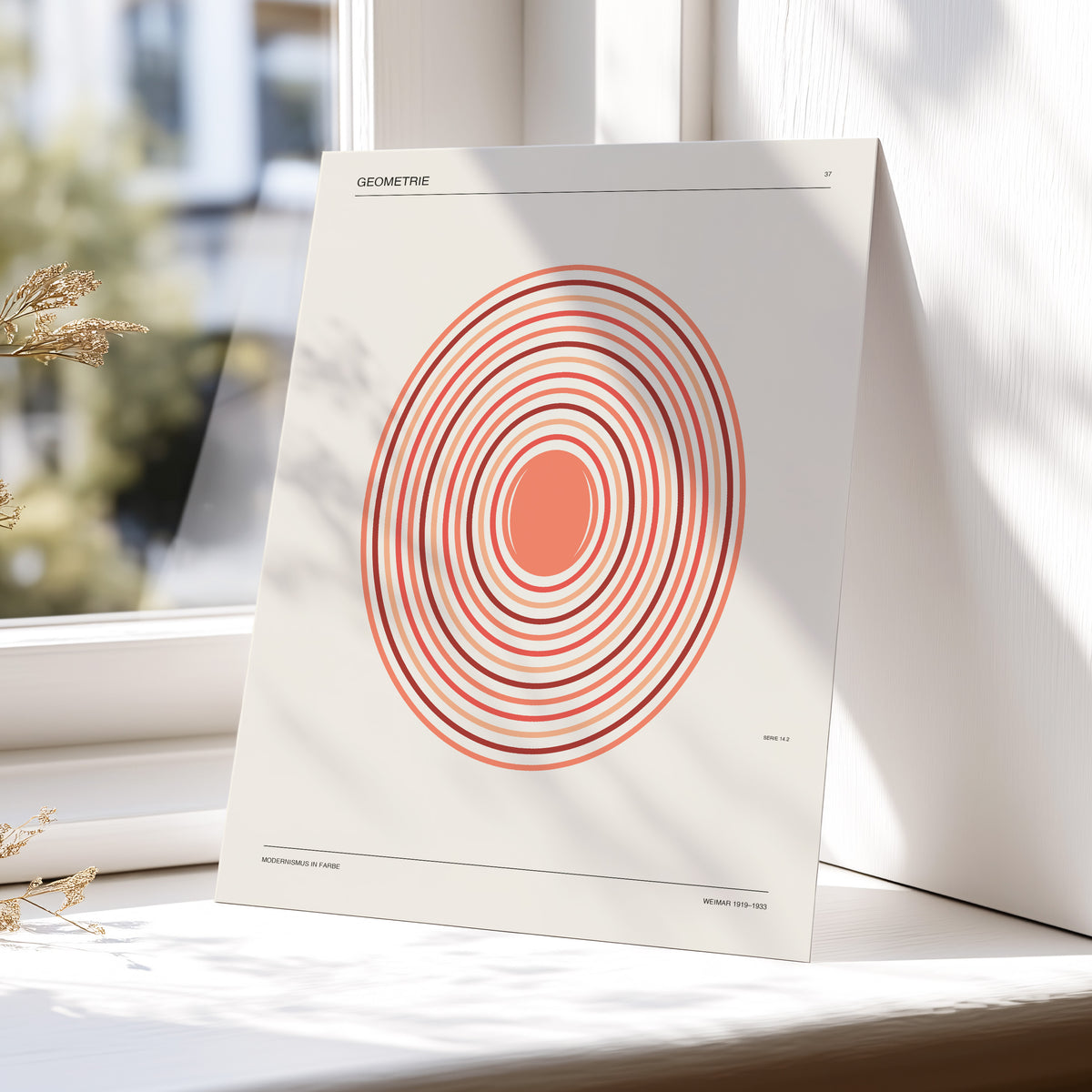 Coral Orbit Geometry, beige, red, orange abstract wall art displayed in a styled interior, gallery view 4