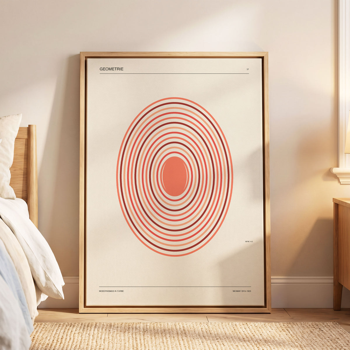 Coral Orbit Geometry, beige, red, orange abstract wall art displayed in a styled interior, gallery view 5