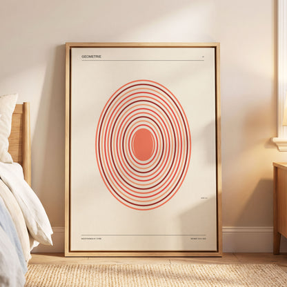 Coral Orbit Geometry, beige, red, orange abstract wall art displayed in a styled interior, gallery view 5