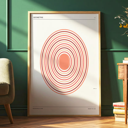 Coral Orbit Geometry, beige, red, orange abstract wall art displayed in a styled interior, gallery view 6