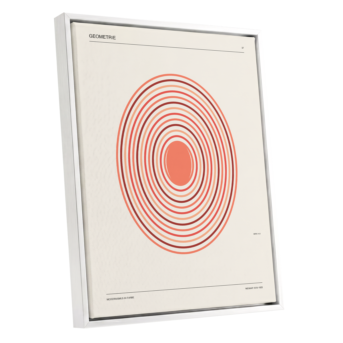 Coral Orbit Geometry, beige, red, orange abstract wall art shown as a white framed canvas wall art