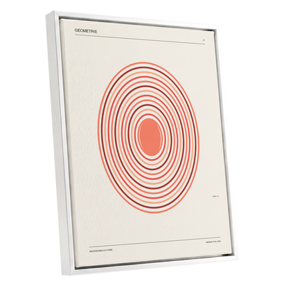 Coral Orbit Geometry, beige, red, orange abstract wall art shown as a white framed canvas wall art
