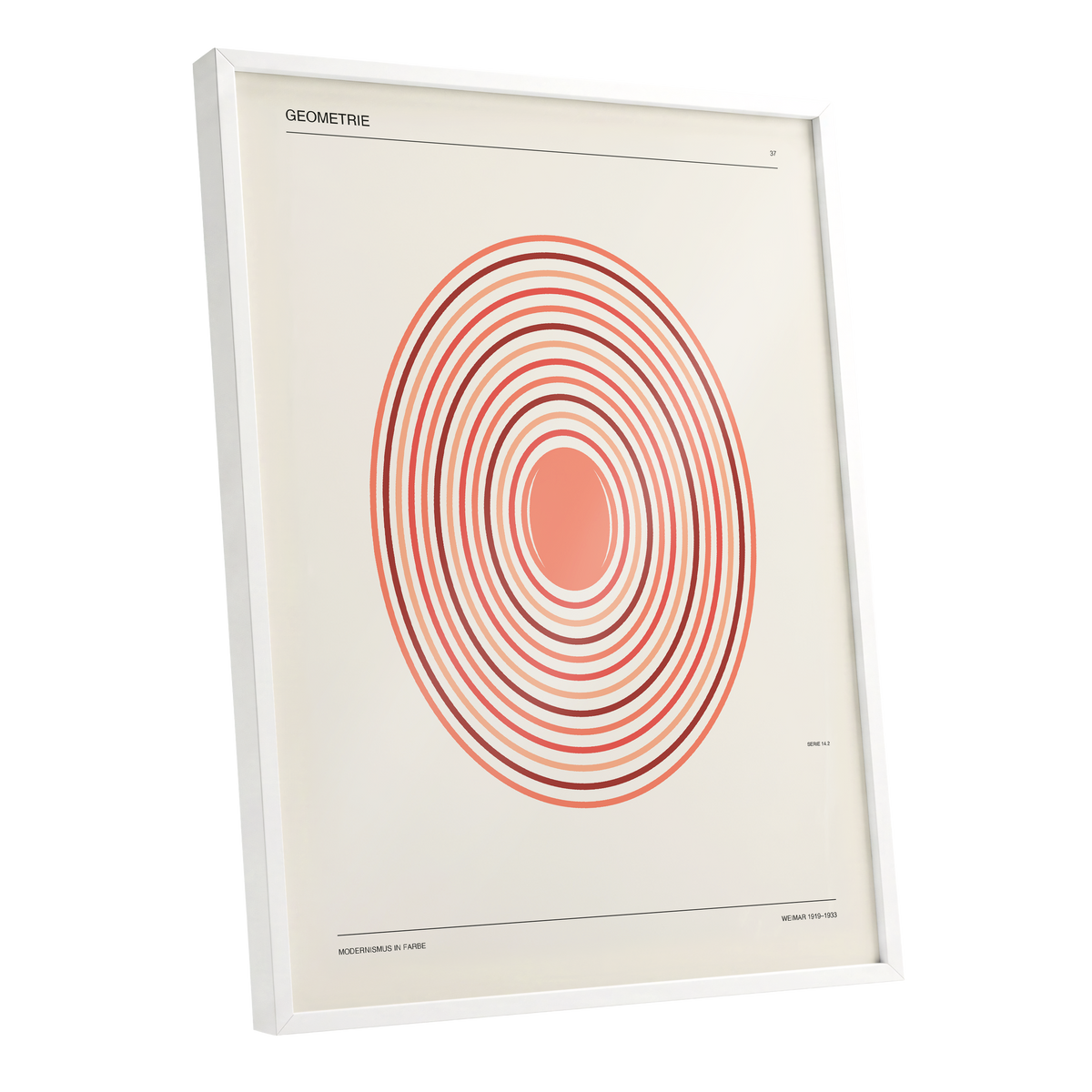 Coral Orbit Geometry, beige, red, orange abstract wall art shown as a white framed poster wall art print