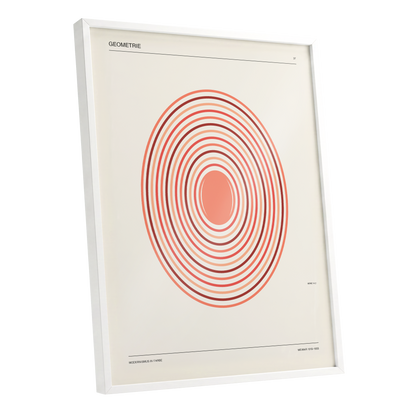 Coral Orbit Geometry, beige, red, orange abstract wall art shown as a white framed poster wall art print