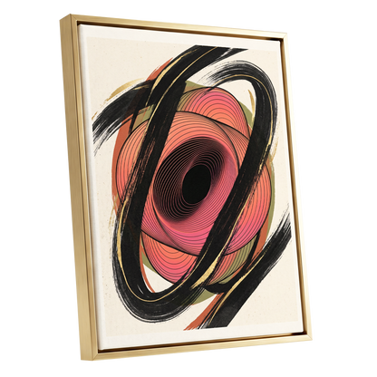 Coral Orbit, black, pink, beige abstract wall art shown as a gold framed canvas wall art