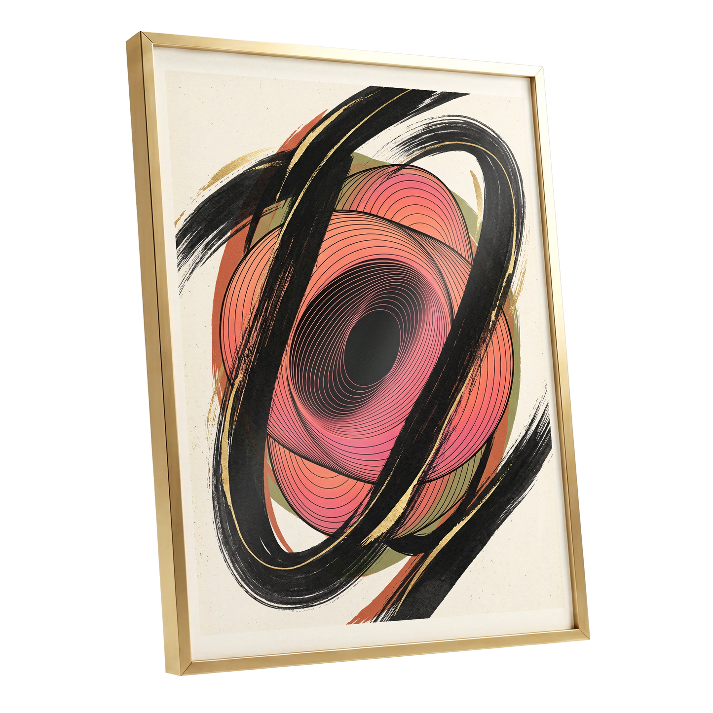 Coral Orbit, black, pink, beige abstract wall art shown as a gold framed poster wall art print