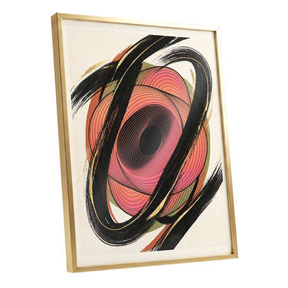 Coral Orbit, black, pink, beige abstract wall art shown as a gold framed poster wall art print