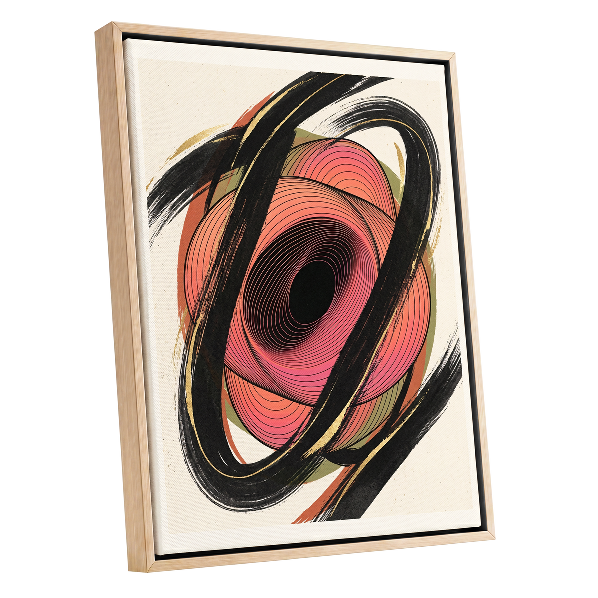 Coral Orbit, black, pink, beige abstract wall art shown as a oak framed canvas wall art