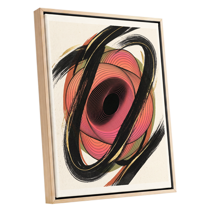 Coral Orbit, black, pink, beige abstract wall art shown as a oak framed canvas wall art