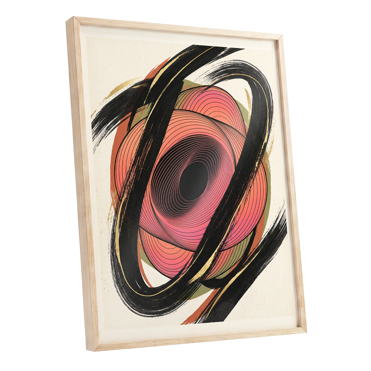 Coral Orbit, black, pink, beige abstract wall art shown as a oak framed poster wall art print