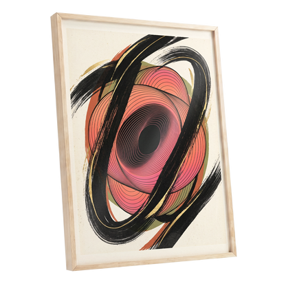 Coral Orbit, black, pink, beige abstract wall art shown as a oak framed poster wall art print