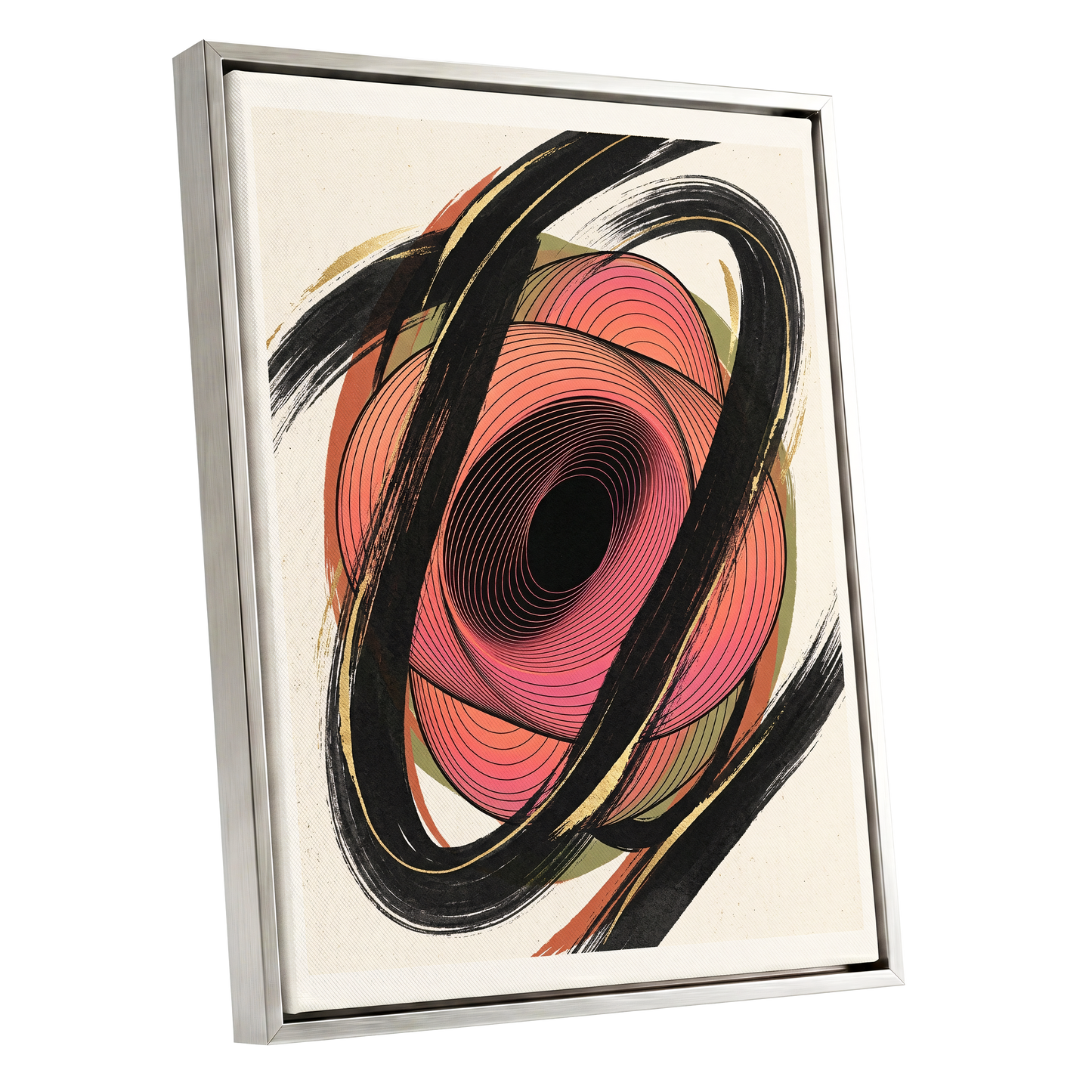 Coral Orbit, black, pink, beige abstract wall art shown as a silver framed canvas wall art