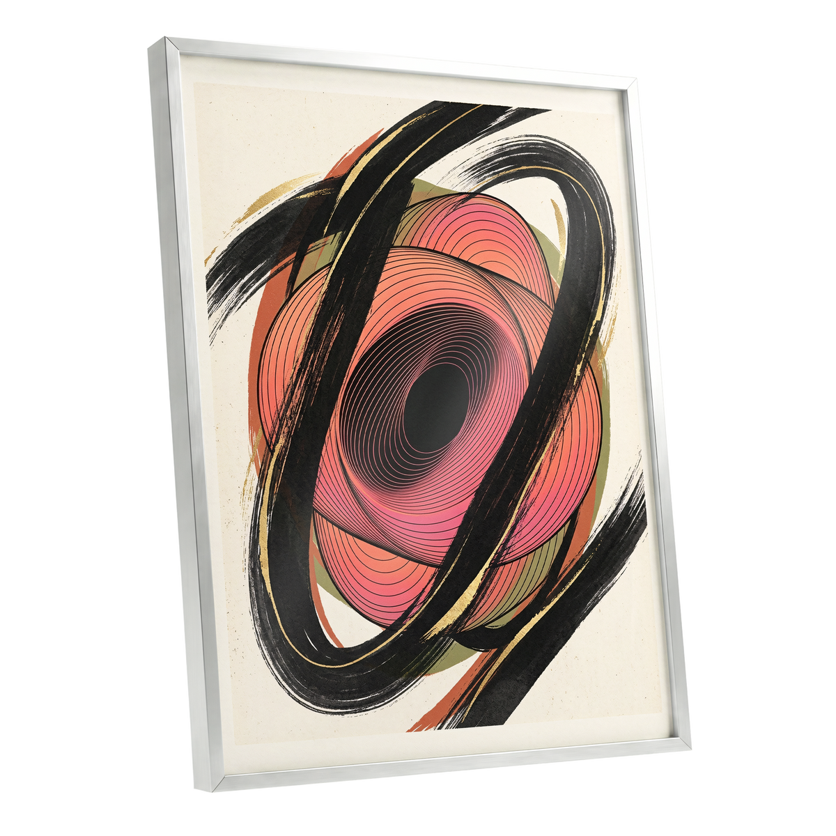 Coral Orbit, black, pink, beige abstract wall art shown as a silver framed poster wall art print