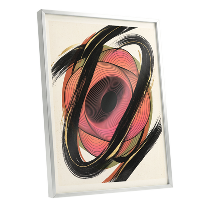 Coral Orbit, black, pink, beige abstract wall art shown as a silver framed poster wall art print