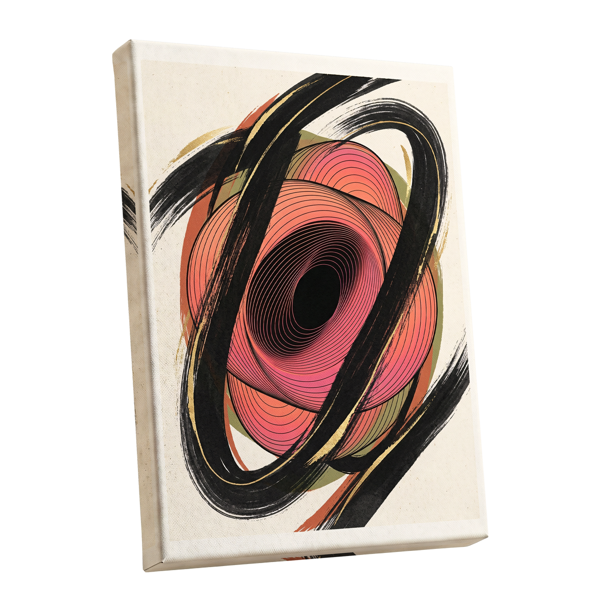 Coral Orbit, black, pink, beige abstract wall art shown as a stretched canvas wall art