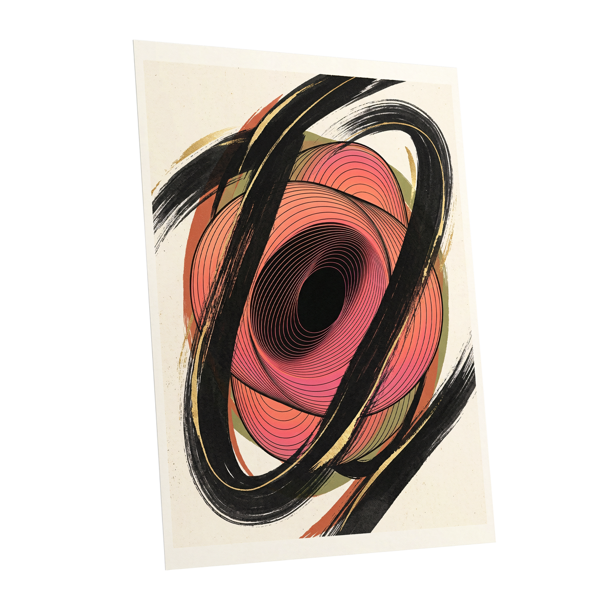 Coral Orbit, black, pink, beige abstract wall art shown as a unframed poster wall art print