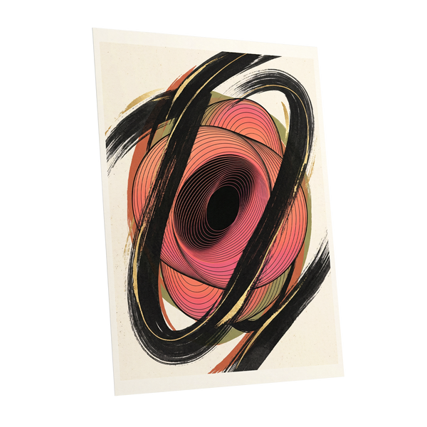 Coral Orbit, black, pink, beige abstract wall art shown as a unframed poster wall art print