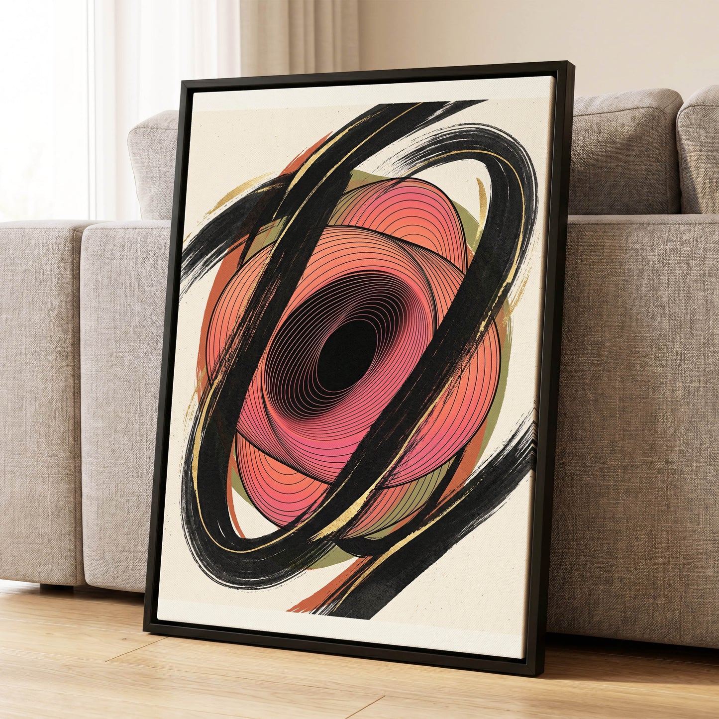 Coral Orbit, black, pink, beige abstract wall art displayed in a styled interior, gallery view 1