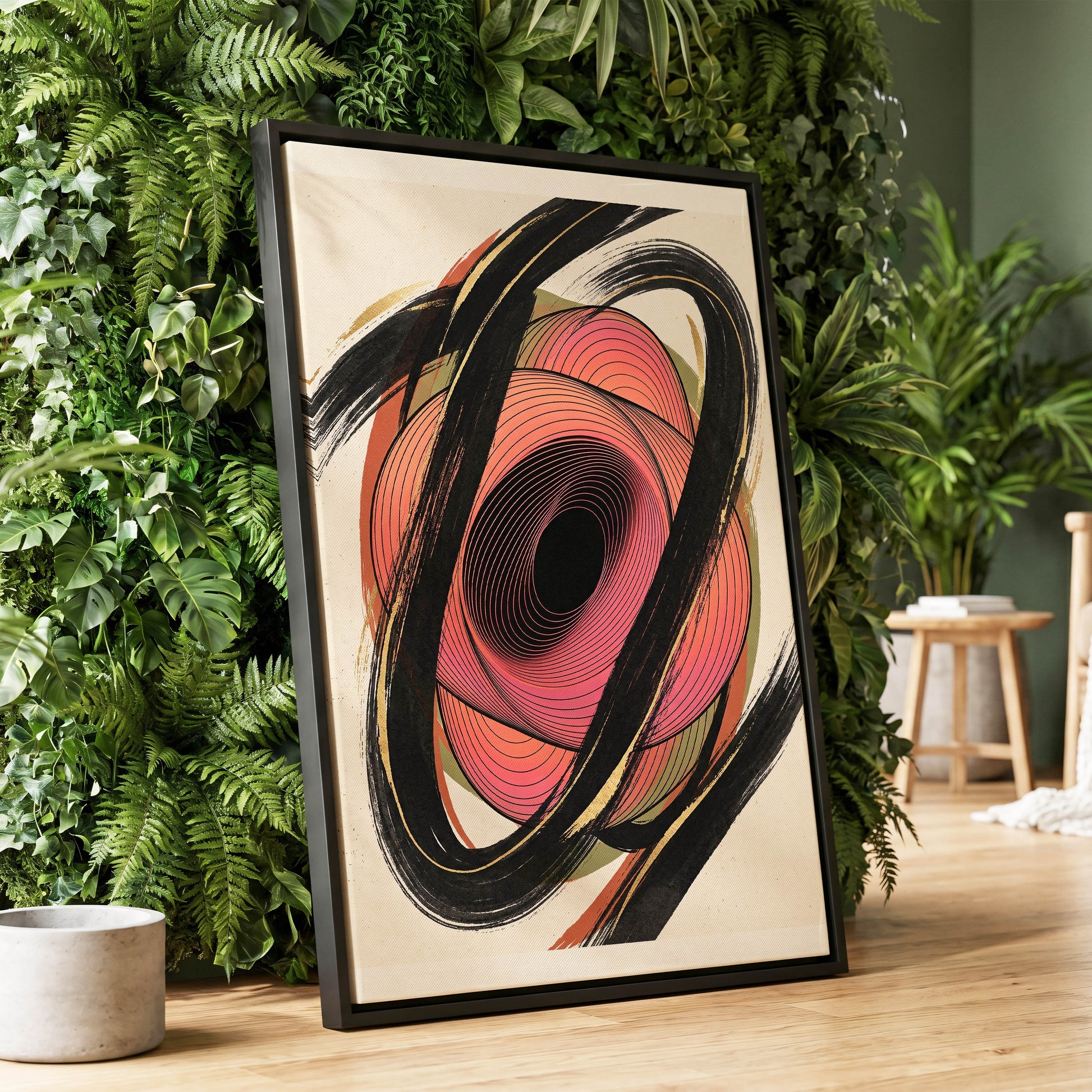 Coral Orbit, black, pink, beige abstract wall art displayed in a styled interior, gallery view 2