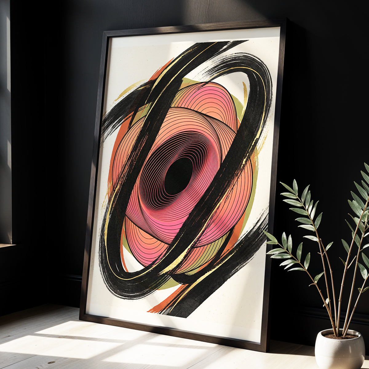 Coral Orbit, black, pink, beige abstract wall art displayed in a styled interior, gallery view 3