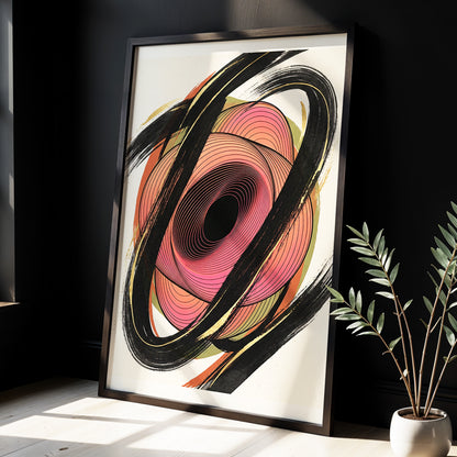 Coral Orbit, black, pink, beige abstract wall art displayed in a styled interior, gallery view 3