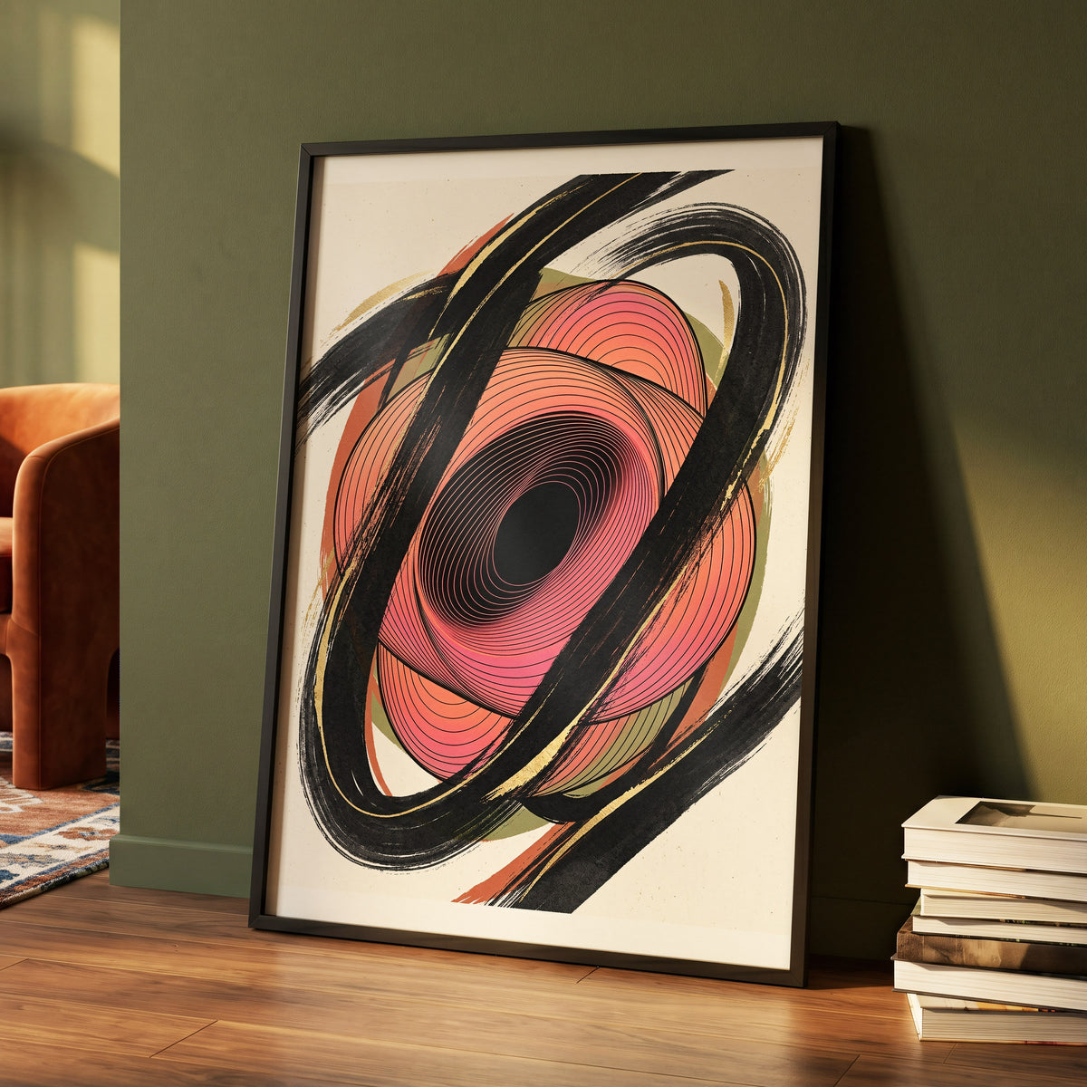 Coral Orbit, black, pink, beige abstract wall art displayed in a styled interior, gallery view 5