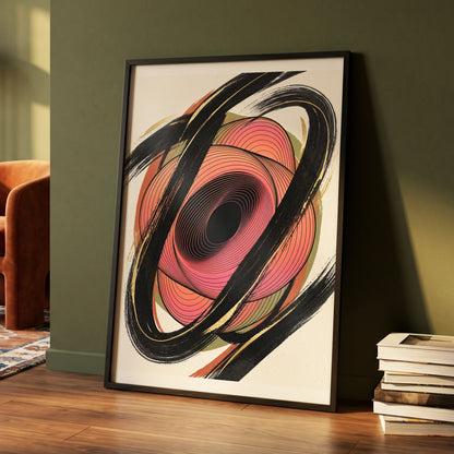 Coral Orbit, black, pink, beige abstract wall art displayed in a styled interior, gallery view 5