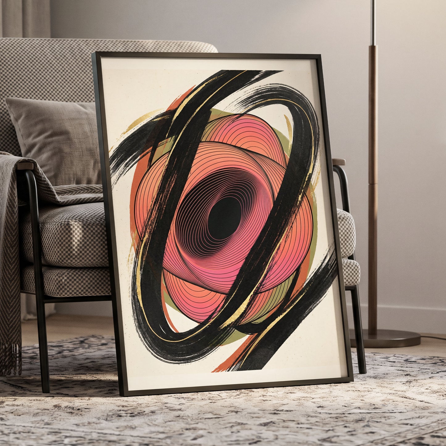 Coral Orbit, black, pink, beige abstract wall art displayed in a styled interior, gallery view 6