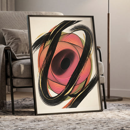 Coral Orbit, black, pink, beige abstract wall art displayed in a styled interior, gallery view 6