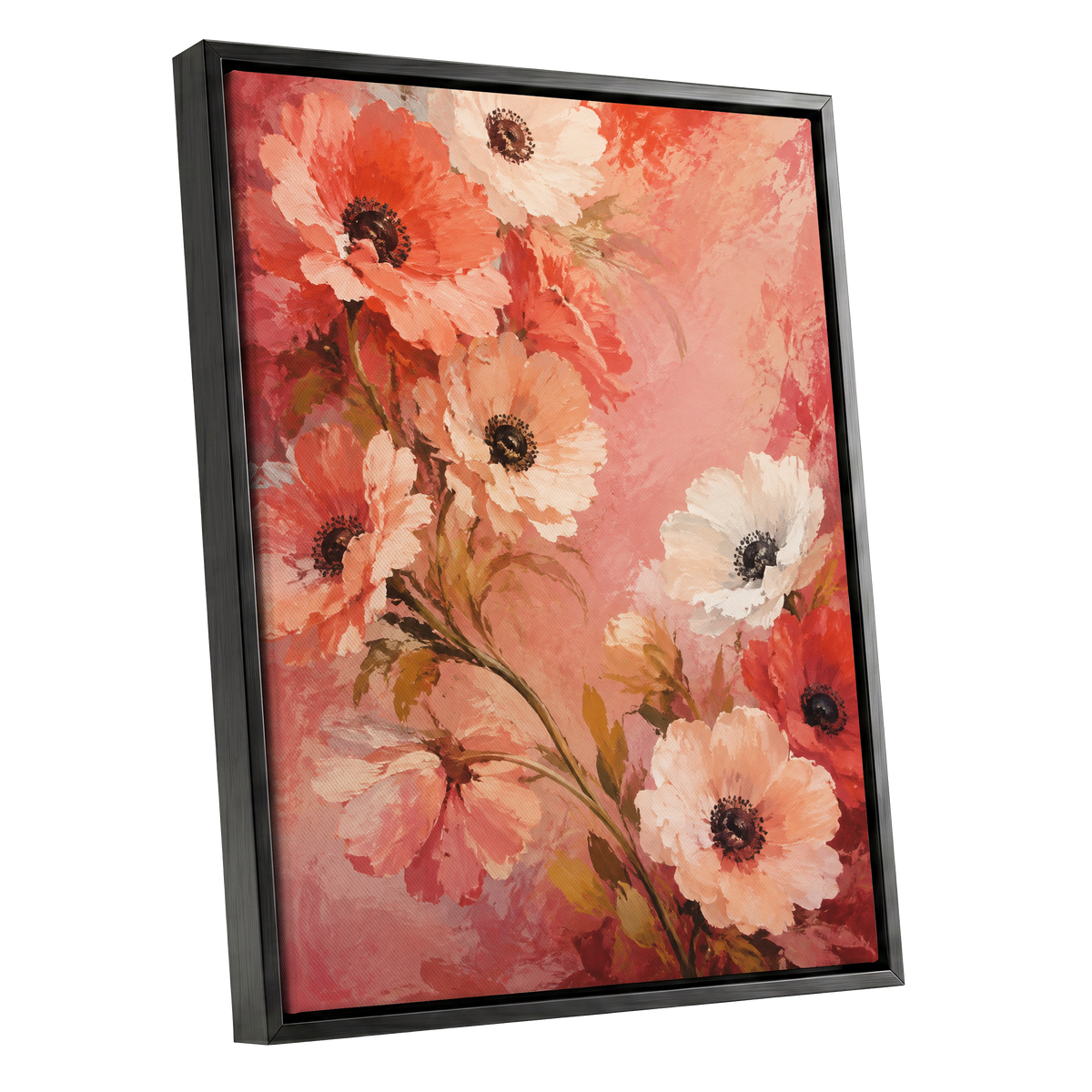 Coral Petal Reverie, pink, orange, red floral wall art shown as a black framed canvas wall art