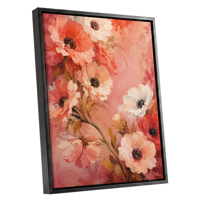 Coral Petal Reverie, pink, orange, red floral wall art shown as a black framed canvas wall art