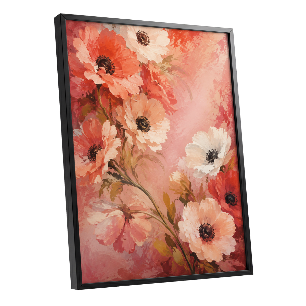 Coral Petal Reverie, pink, orange, red floral wall art shown as a black framed poster wall art print