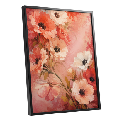 Coral Petal Reverie, pink, orange, red floral wall art shown as a black framed poster wall art print