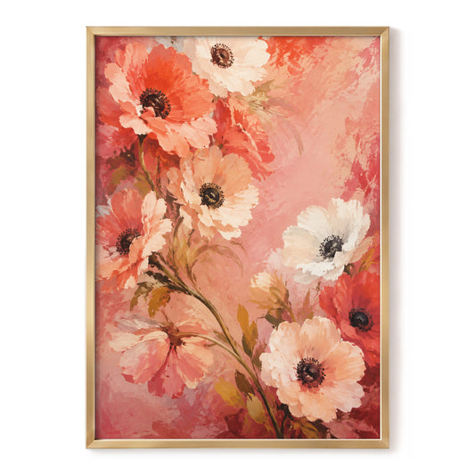 Coral Petal Reverie, pink, orange, red floral wall art, front artwork view