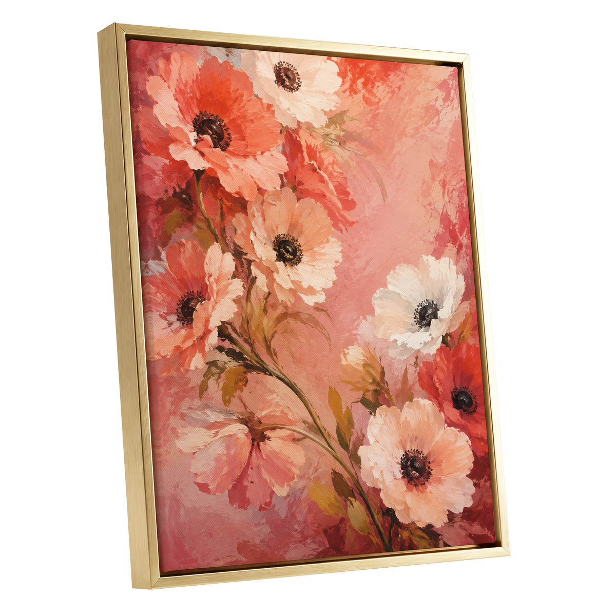 Coral Petal Reverie, pink, orange, red floral wall art shown as a gold framed canvas wall art