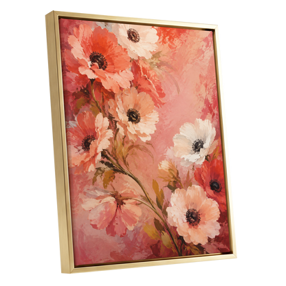 Coral Petal Reverie, pink, orange, red floral wall art shown as a gold framed canvas wall art