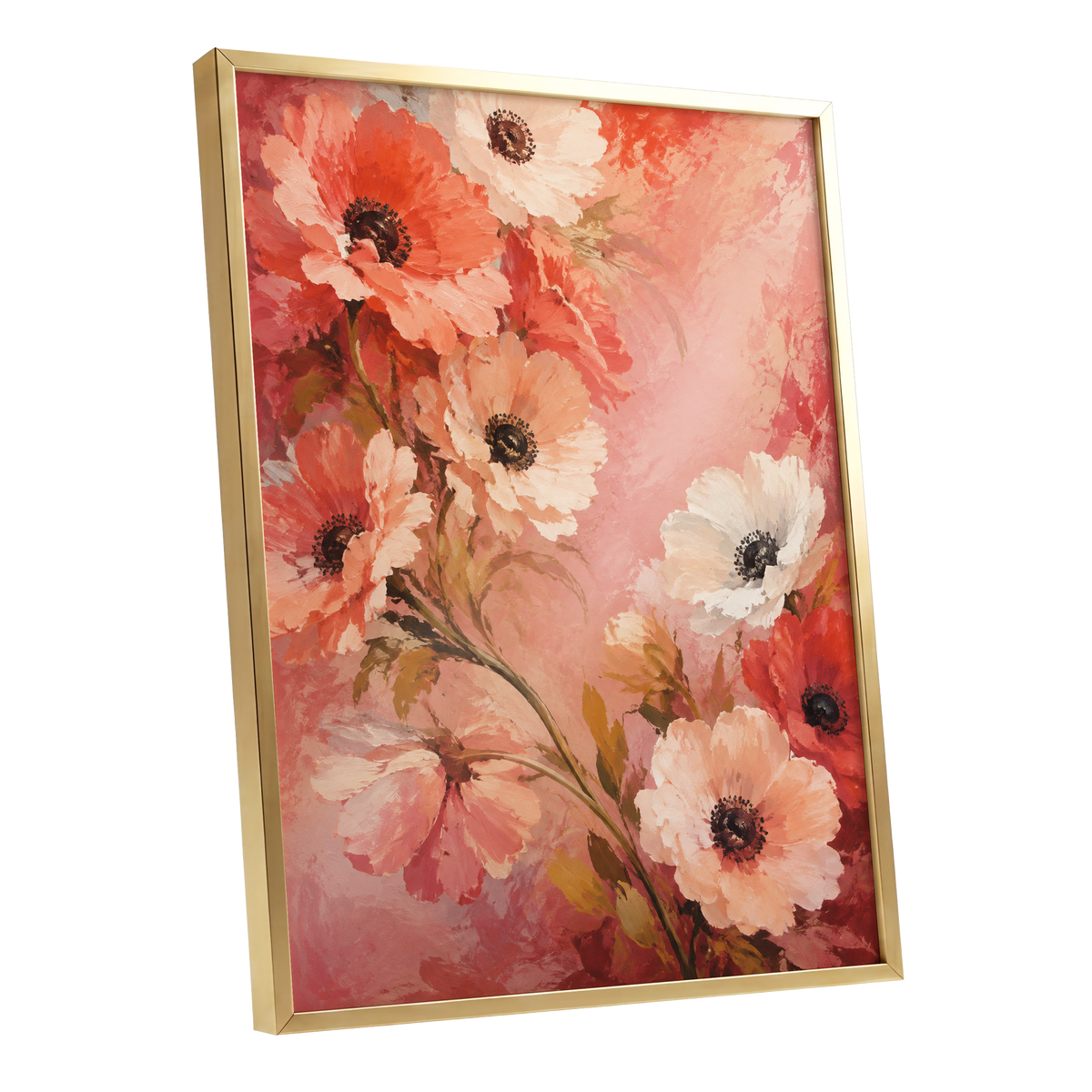 Coral Petal Reverie, pink, orange, red floral wall art shown as a gold framed poster wall art print
